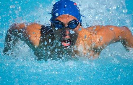 Sophomore swimmer, Omar Saldivar was SRJC's top finisher in all three of the Butterfly events at the Las Positas Invitational.  Photo:  Celine Sargis