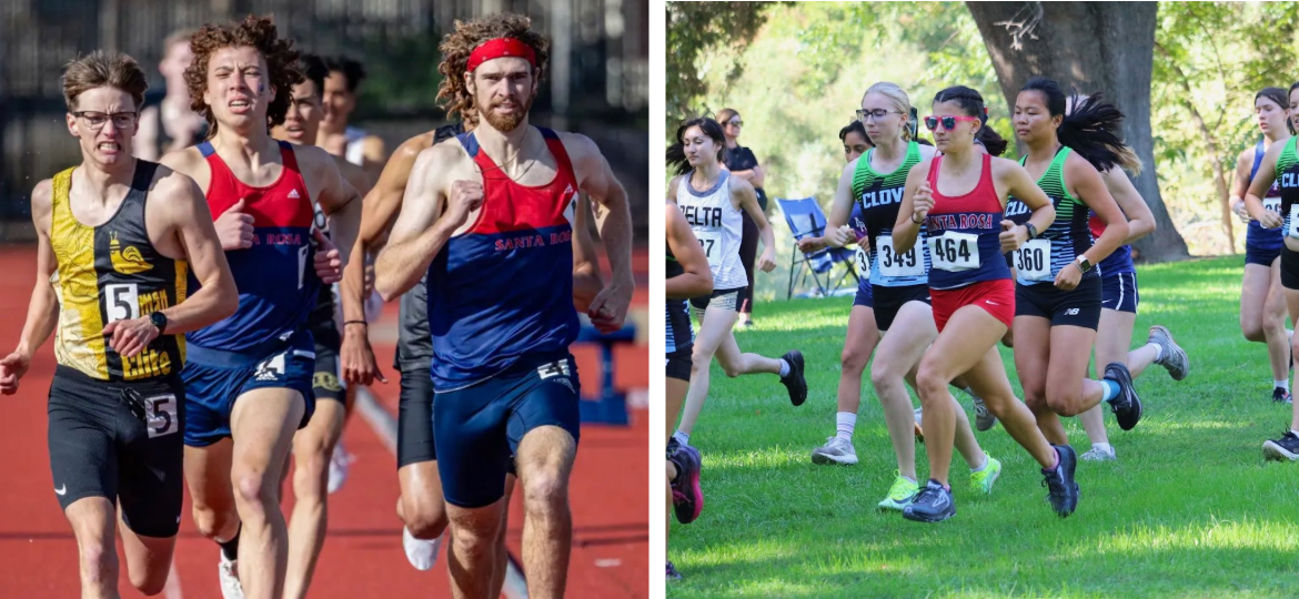 Cross country runners compete during a race.
