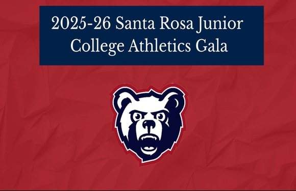 Graphic with red crumpled-paper background featuring a navy banner that reads &lsquo;2025&ndash;26 Santa Rosa Junior College Athletics Gala&rsquo; above the Santa Rosa Junior College Bear Cubs logo.