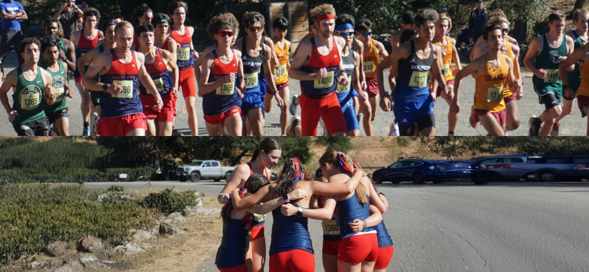 Men's team leading the pack & women's team huddled before their race.