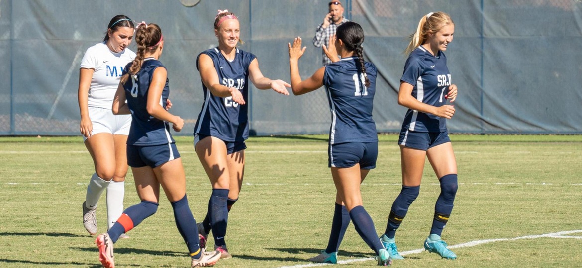 (Left to right) midfielder/forward Olivia Hohnstein, forward Shae Dougherty, midfielder Mia Carra, and forward Katie Curran celebrate Dougherty&rsquo;s goal against Modesto on Tuesday, Oct. 22, 2024. Nathan Kaito Morris